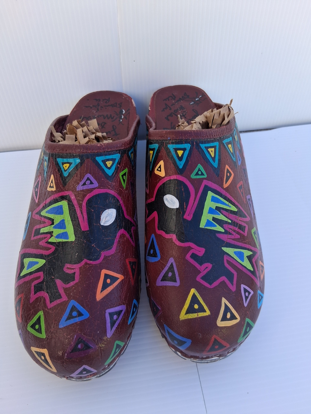 J. Crew Maroon Hand-Painted Leather Clogs with Tribal Accents Made In Italy